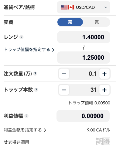 USDCAD売設定画面