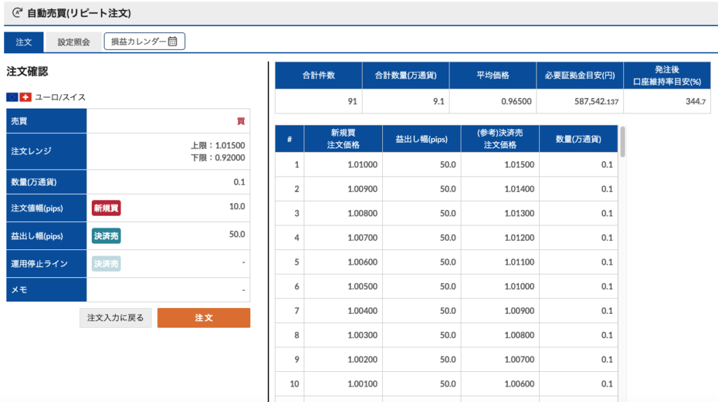 EURCHF注文確認画面1