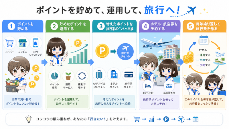 ①〜⑤のステップを左から右に並べた横型フロー図