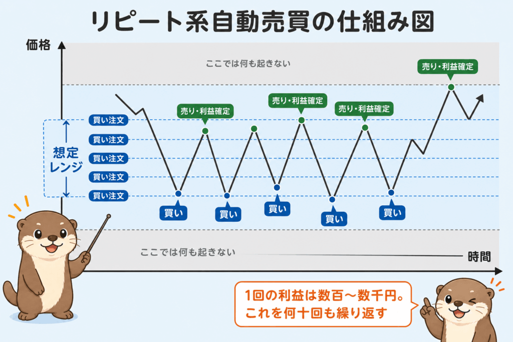 想定レンジの中に買い注文を並べ、値動きのたびに売買を繰り返すリピート系自動売買の仕組み図