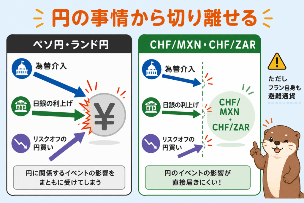 円ペアと対フランペアで、日本側の変動要因の影響がどう変わるかを比較した図解