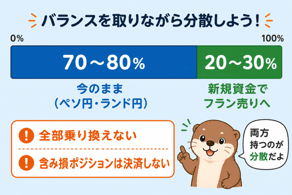 既存のペソ円・ランド円を7〜8割残し、2〜3割をスイスフラン売りに配分する図解