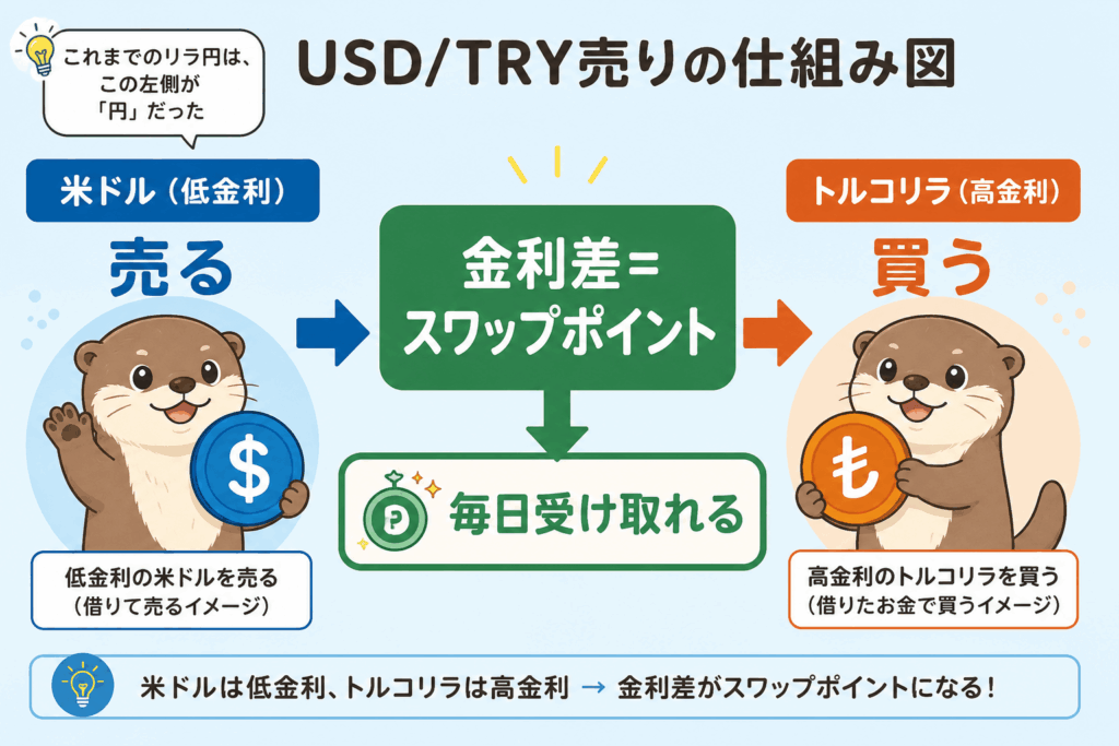 ドルを売ってリラを買い、金利差をスワップとして受け取る仕組み